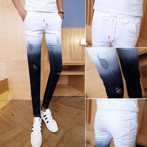 夏季新款破洞牛仔裤男新款潮流男士紧身裤子修身牛仔裤男破洞小脚裤