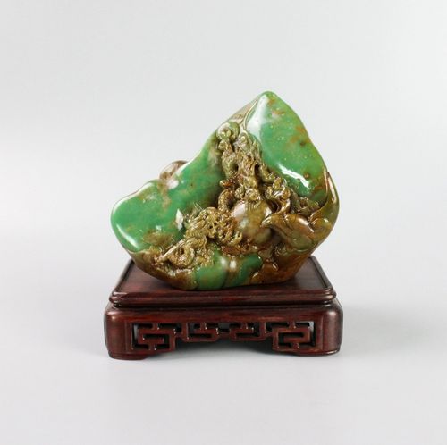 青田石雕摆件龙凤呈祥山炮绿天然动物全手工精品包邮花盆槽磨透圆