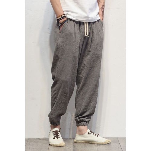 中国风男士灯笼裤亚麻裤哈伦裤宽松裤子男休闲裤束脚裤男跨裤长裤