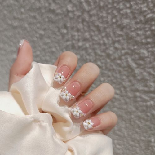 可拆卸穿戴甲假指甲片 健康色果冻粉小花款 结婚美甲新娘婚礼甲贴