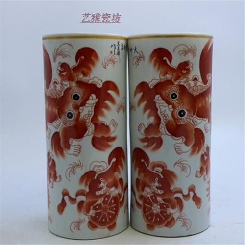 海外回流景德镇陶瓷民国手绘太师少保矾红描金帽筒一对 古玩瓷器