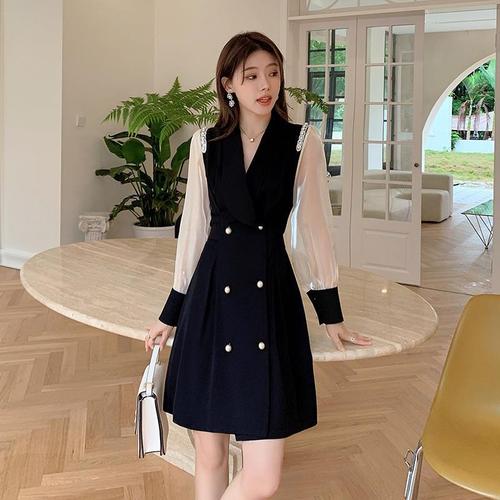 蓝语大码女装胖妹妹mm气质拼接黑色西装裙2021早秋新款a字连衣裙