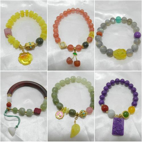 天然石手链原创设计水晶石头孔雀石蜜蜡盐源玛瑙粉晶松紧手镯4924