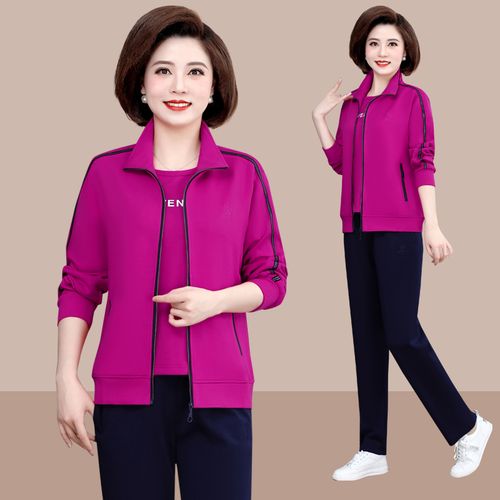 40-50-65岁中老年女士春秋款长袖开衫加大码三件套卫衣运动服套装