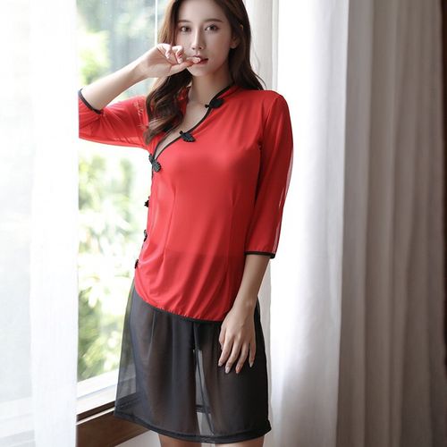 脱开档套装学生妹性感装 民国学生装女生薄睡裙 透明女装旗袍汉服夏装