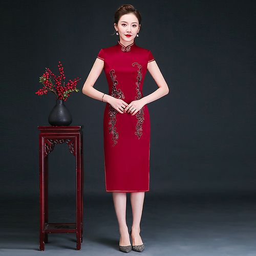 轻奢女装妈妈婚礼旗袍2021年新款结婚礼服醋酸中长款喜婆婆中老年高端