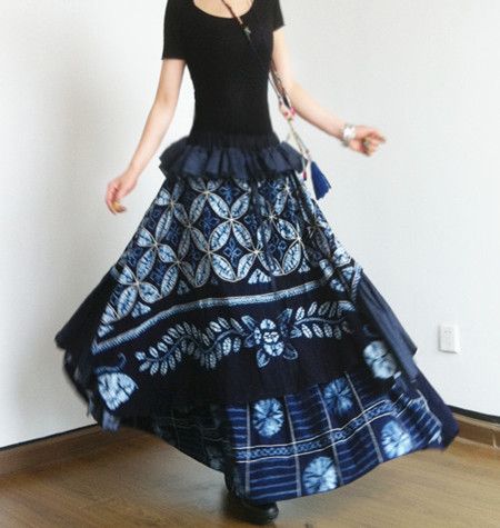 绮罗香素心自制民族风长裙扎染裙春夏复古拼接大摆中长半身裙包邮