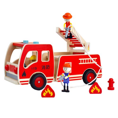 儿童木质仿真惯性工程车云梯车宝宝救火车登高车玩具木制消防车