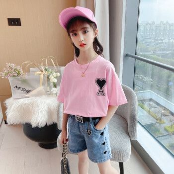 女宝宝夏装时尚短袖t恤牛仔短裤两件套3-5-8-12岁小女孩洋气夏季衣服