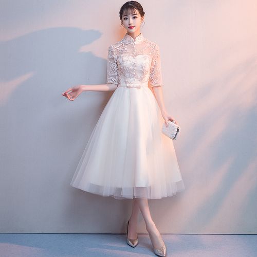 高端宴会气质小晚礼服女2021新款香槟色优雅婚礼伴娘