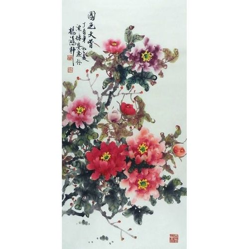 平民画院客厅字画包邮g050801梁培安三尺国画牡丹作品真迹 100 50
