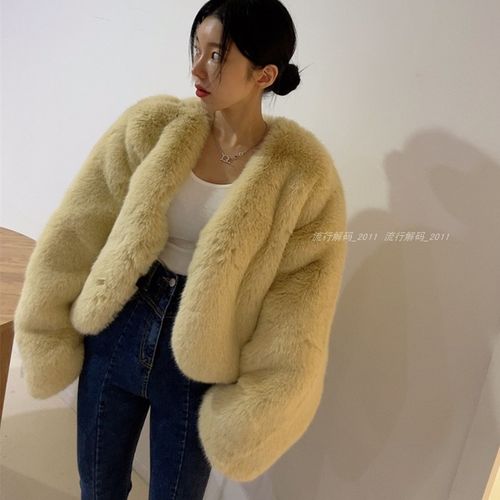 韩国2021年冬加厚保暖网红年轻款仿皮草狐狸毛短外套女毛绒绒大衣