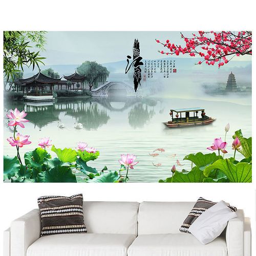 忆江南墙贴壁画风水招财亭子流水生财山水画荷花九鱼