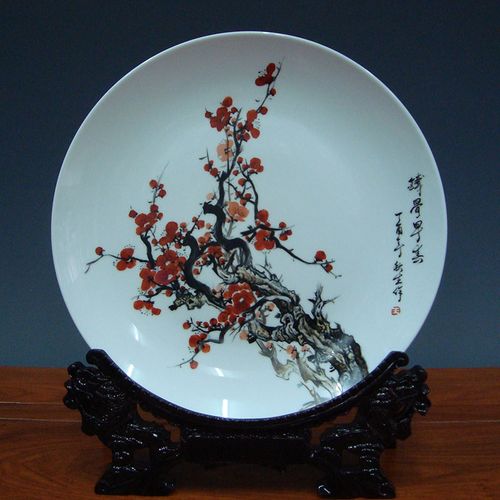 景德镇陶瓷器名家秋生手绘梅花瓷盘艺术挂盘看盘中式装饰盘子摆件