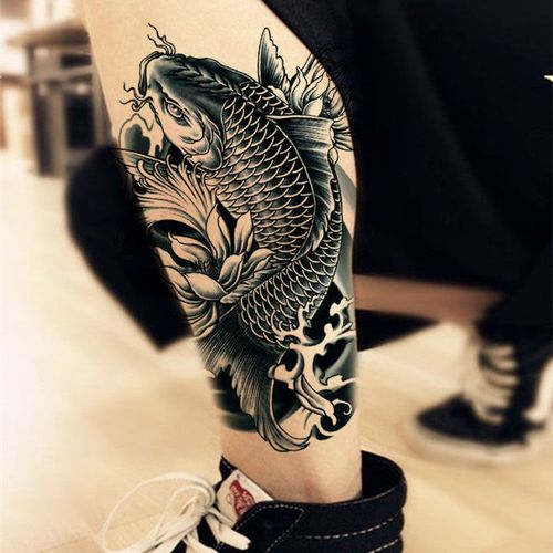 小腿招财割线鲤鱼纹身贴 防水持久男女霸气锦鲤 仿真刺青贴纸
