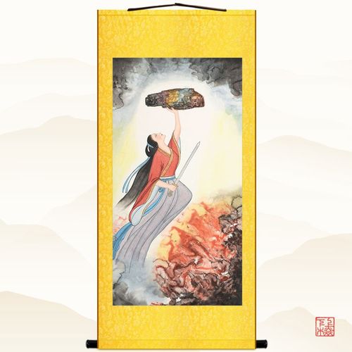女娲补天百美图挂画华三川仕女画像装饰画i丝绸卷轴画