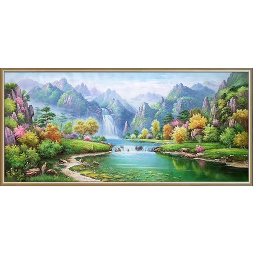 欧式手绘油画客厅装饰沙发背景墙高山流水挂画手工山水风景画壁画