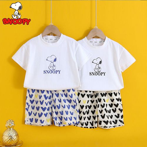 史努比童装儿童短袖套装男童纯色t恤宝宝夏季薄款满印休闲裤短裤