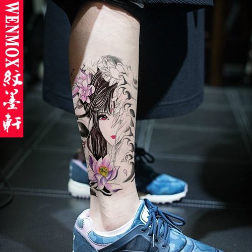 手臂性感个性刺青 花旦胳膊纹身贴纸 半臂彩色仿真纹身 荷花美女