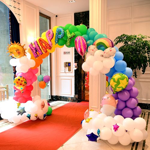 彩虹主题儿童生日装扮场景布置周岁装饰酒店商场开业迎宾气球拱门