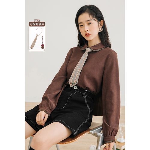 茵曼2021年秋季新款女花边娃娃领设计减龄复古柔美长袖衬衣新年红