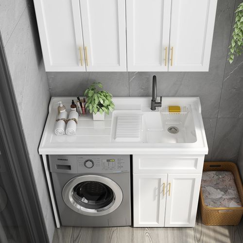 太空铝阳台洗衣机柜带搓板台盆柜组合洗衣柜石英石一体可切角定制