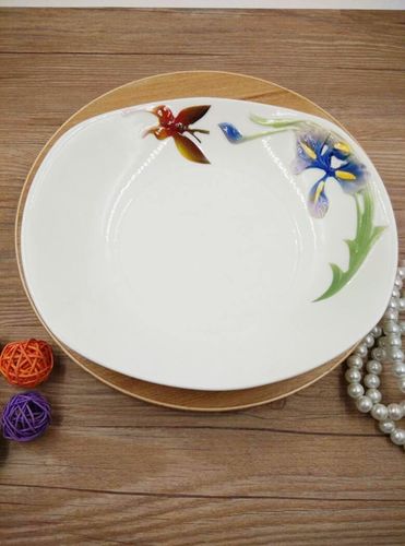 蝶恋花9寸深盘汤菜盘沙拉盘 浮雕紫色兰花白瓷餐具异形盘水果碗