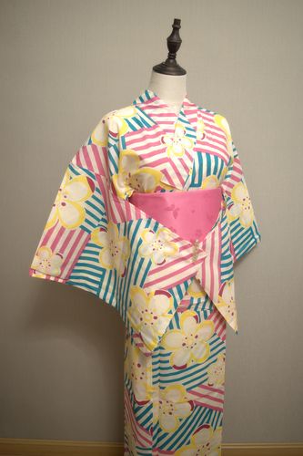 夏季浴衣 传统款和服yukata棉麻日本少女女士旅拍 糖果色几何樱花