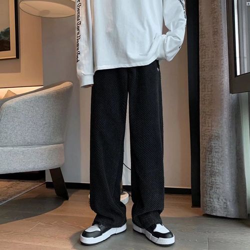 2021灯芯绒裤阔腿裤高腰垂感秋冬季小个子休闲直筒黑色拖地裤子男