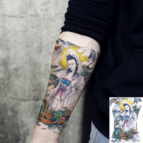弦桃观音菩萨纹身贴花臂半臂防水男女小腿黑白图腾仿真逼真刺青贴p1