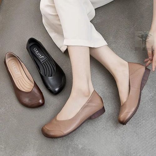 弘图小店牛皮舒适女鞋复古妈妈鞋软底软皮单鞋牛筋底