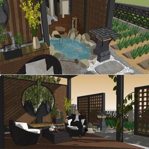 日式新中式禅意枯山水庭院花园景观小品鱼池置石草图大师su模型