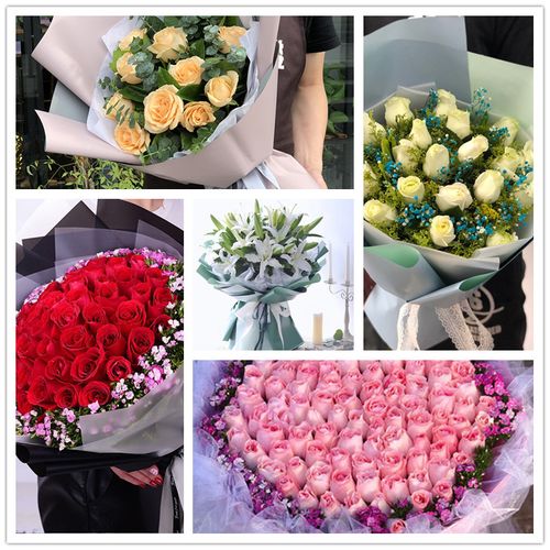 粉香槟蓝白红玫瑰百合满天星花束徐州新沂邳州市 鲜花