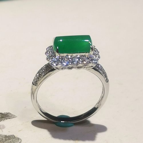 rzjade/润志翡翠老坑冰种帝王绿天然翡翠戒面18k钻石镶嵌女款戒指