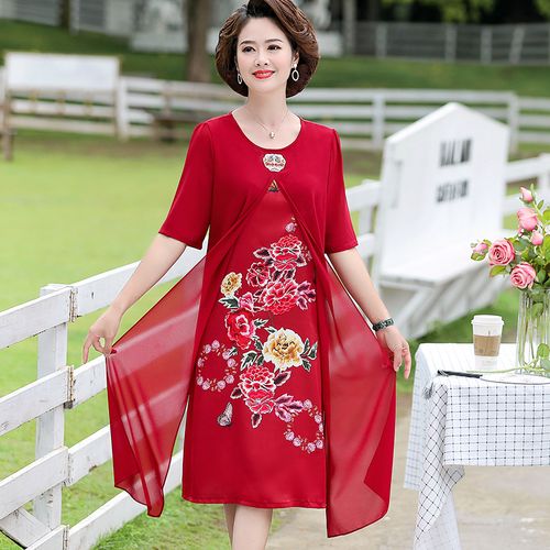 水云间官方旗舰店女装夏季新款中老年妈妈仿真丝绣花假两件连衣裙