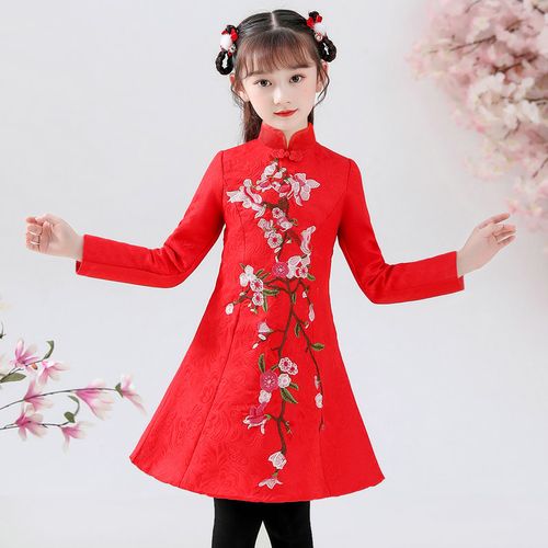 儿童公主裙女童旗袍连衣裙子秋冬红色唐装中国风礼服新年演出服装