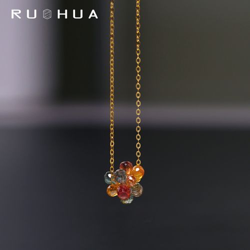若华珠宝花语 彩色绣球花蓝宝石路路通吊坠女正品黄18k金彩宝项链