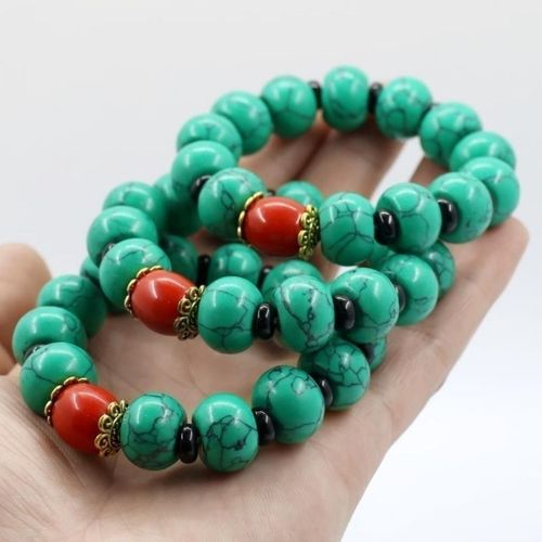 保真天然绿松石红松石手串手链蜜蜡配饰款复古风桶珠鼓珠16mm单圈
