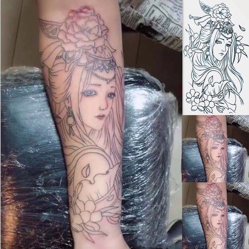 割线般若线条刺青色艺妓花臂纹身贴锦鲤貂蝉艺伎纹身防水持久逼真