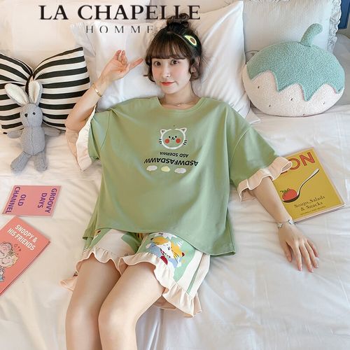 拉夏贝尔homme睡衣女夏季薄款短袖纯棉公主风花边家居服两件套装网红