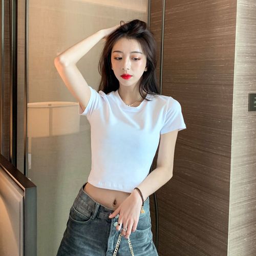 白色t恤女高腰露脐短袖短款纯棉上衣夏季修身漏脐纯色半袖ins潮