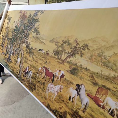郎世宁《百骏图》书画鸟兽写真横幅国画高清真迹微喷仿古复制装饰