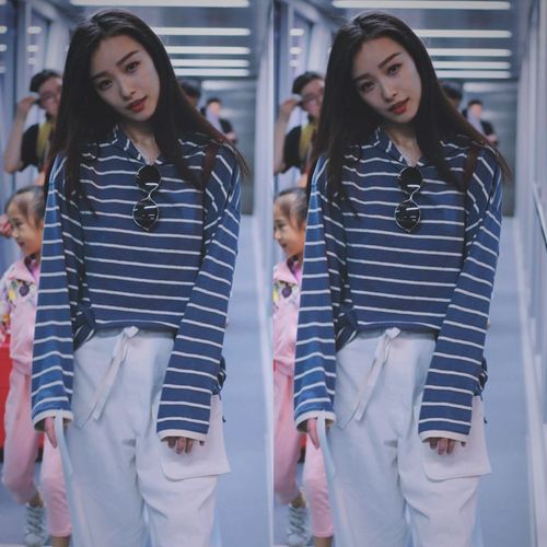 倪妮同款卫衣夏女 薄款 连帽超长袖蓝色条纹学生上衣