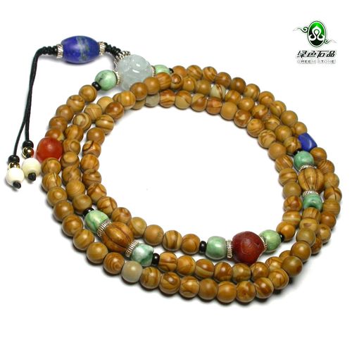 lssp/绿色石品mz3751不还价 男女款百年清代木纹石佛珠手链手串