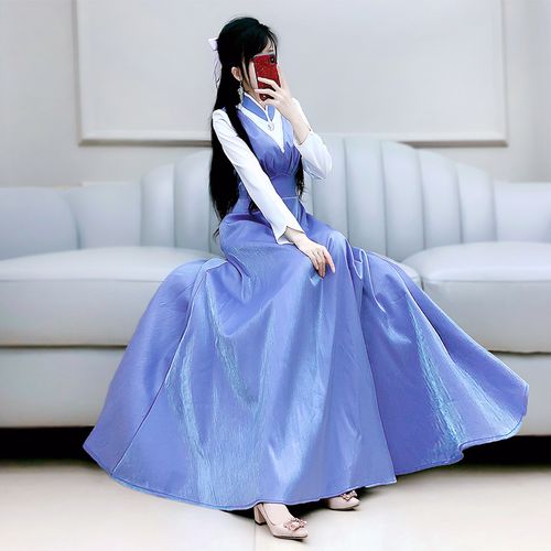 七七之缘秋冬新款女装紫蓝色拼白长袖光闪订珠修身长裙连衣裙