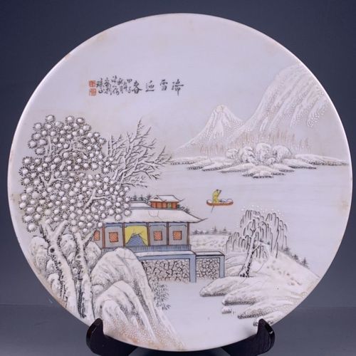 古董瓷器 民国珠山八友何许人粉彩手绘雪景图纹赏盘摆件全品收藏