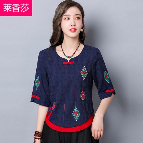 民族风夏季大码女装绣花提花棉麻上衣女复古中式唐装五分袖t恤女