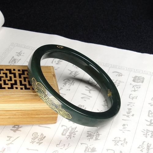 新疆和田玉青玉描金凤凰吉祥手镯玉石玉器圆条扁条