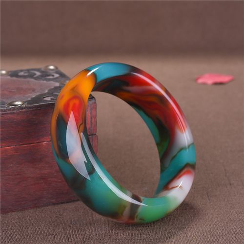 新疆和田玉金丝玉宽版女士手镯 七彩飘花天然彩玉加宽女款镯子