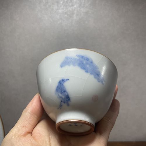 善窑厂李善明善款汝窑汝瓷手绘青花山水鸟杯开片主人杯月白色